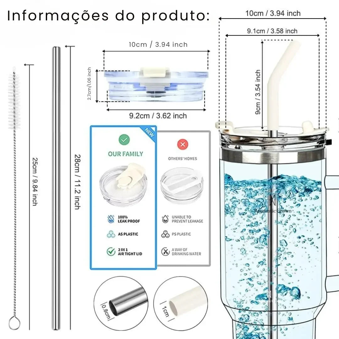 Copo Térmico Inox Portátil com Tampa e Canudo  1200ML