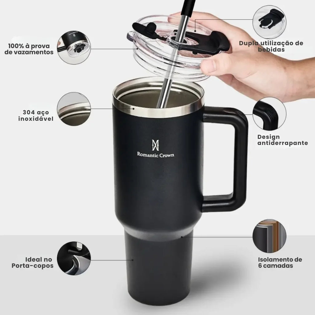 Copo Térmico Inox Portátil com Tampa e Canudo  1200ML
