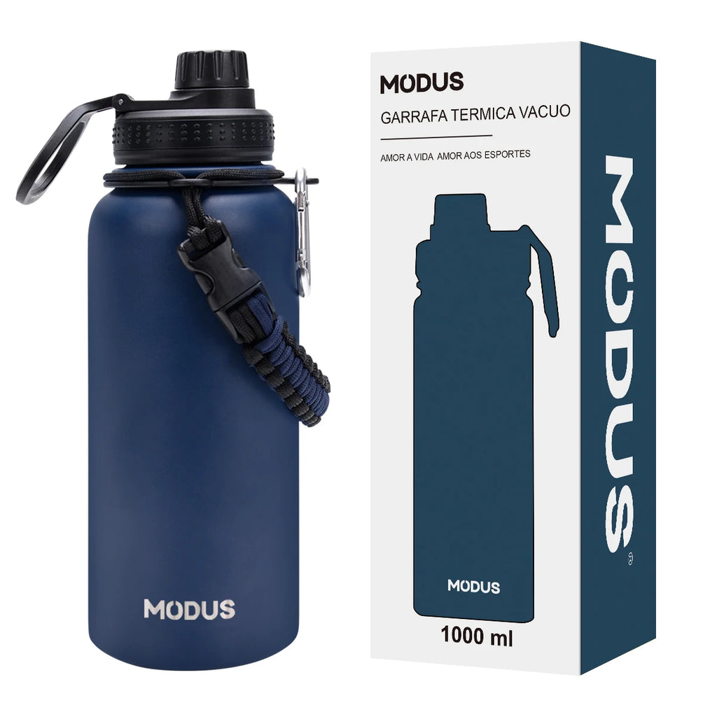 Garrafa de água em aço inoxidável com isolamento a vácuo.