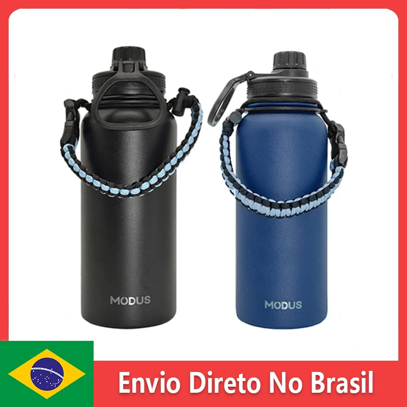 Garrafa de água em aço inoxidável com isolamento a vácuo.