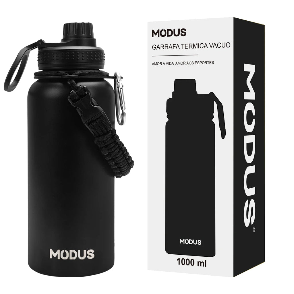 Garrafa de água em aço inoxidável com isolamento a vácuo.