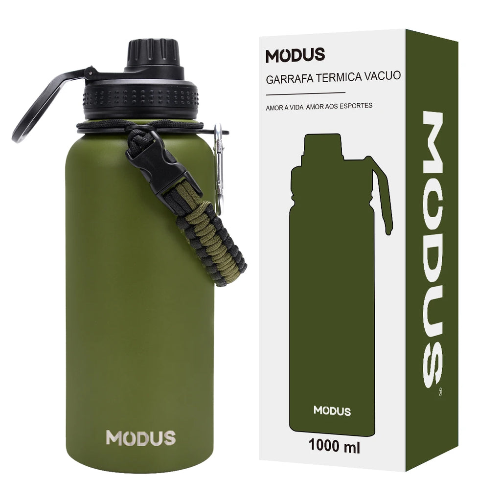 Garrafa de água em aço inoxidável com isolamento a vácuo.